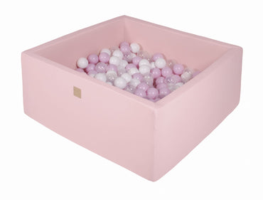 Vierkante ballenbak - Licht roze met Witte, Pastel roze en Transparante ballen